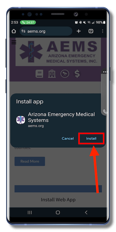 Installing AEMS Progressive Web App on Android - Step 3