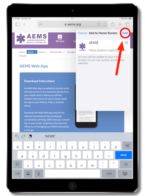 Installing AEMS Progressive Web App on iPad - Step 3
